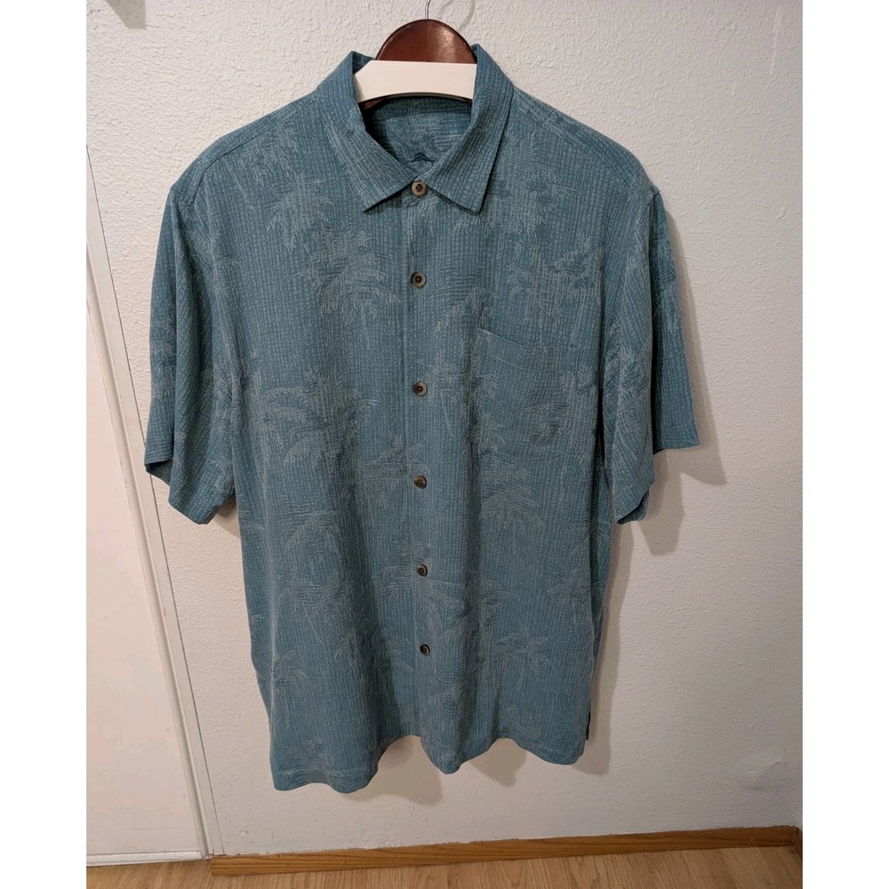 Tommy Bahama Men's L 100% Silk Shirt Teal Textured Palm Print Tropical